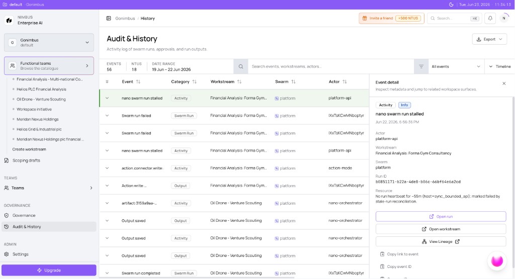Audit and History table with event rows and Event detail panel showing Open run, Open workstream, and View Lineage actions
