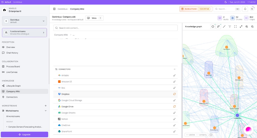 Company Wiki with Connectors list and knowledge graph panel