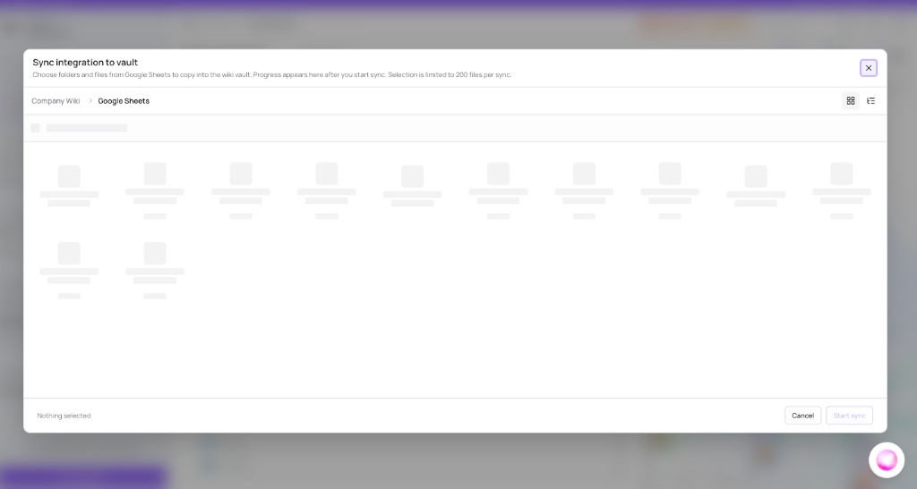 Sync integration to vault dialog with folder picker and Start sync button
