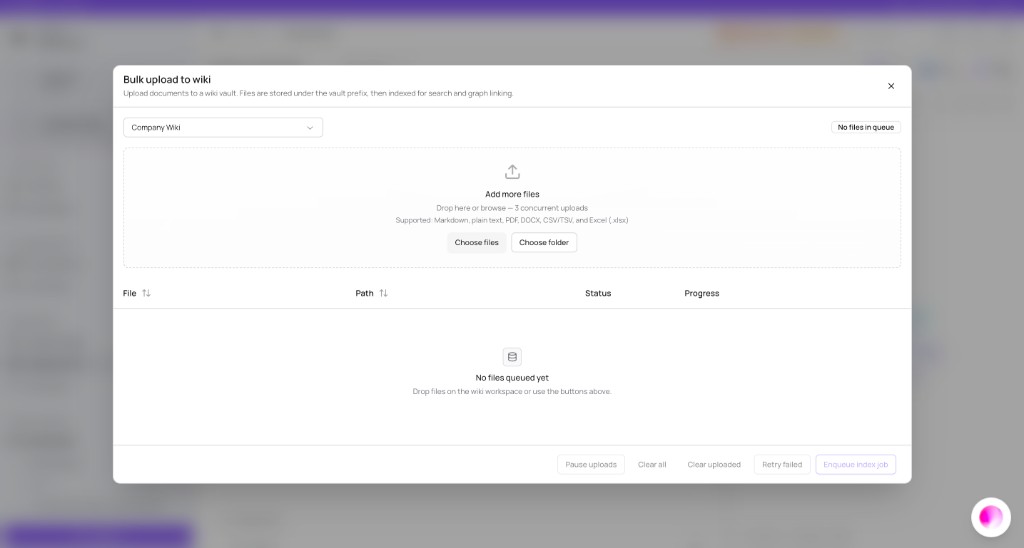 Bulk upload to wiki dialog with Choose files, Choose folder, and file queue table