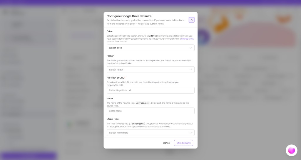 Connector Configure dialog with channel or folder picker after OAuth connect