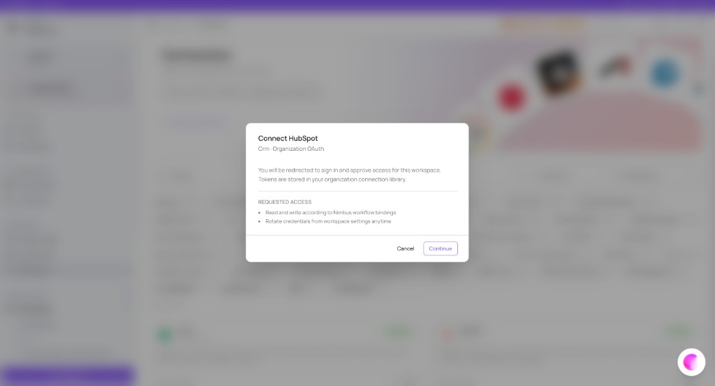 Connect HubSpot dialog with Crm - Organization OAuth subtitle and REQUESTED ACCESS list