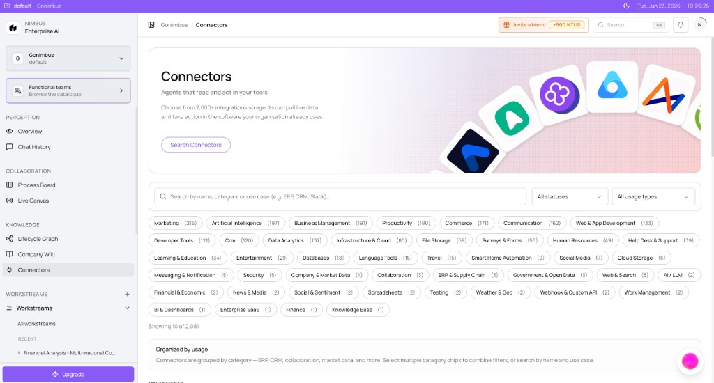 Connector catalog with hubspot search, status filters, and category chips