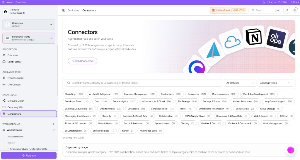 Connectors page with hero, search field, category chips, and connector cards showing 2,081 integrations