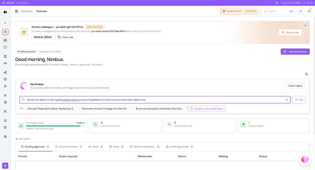 Overview page with Ask Nimbus query about ongoing workstreams and stat pills