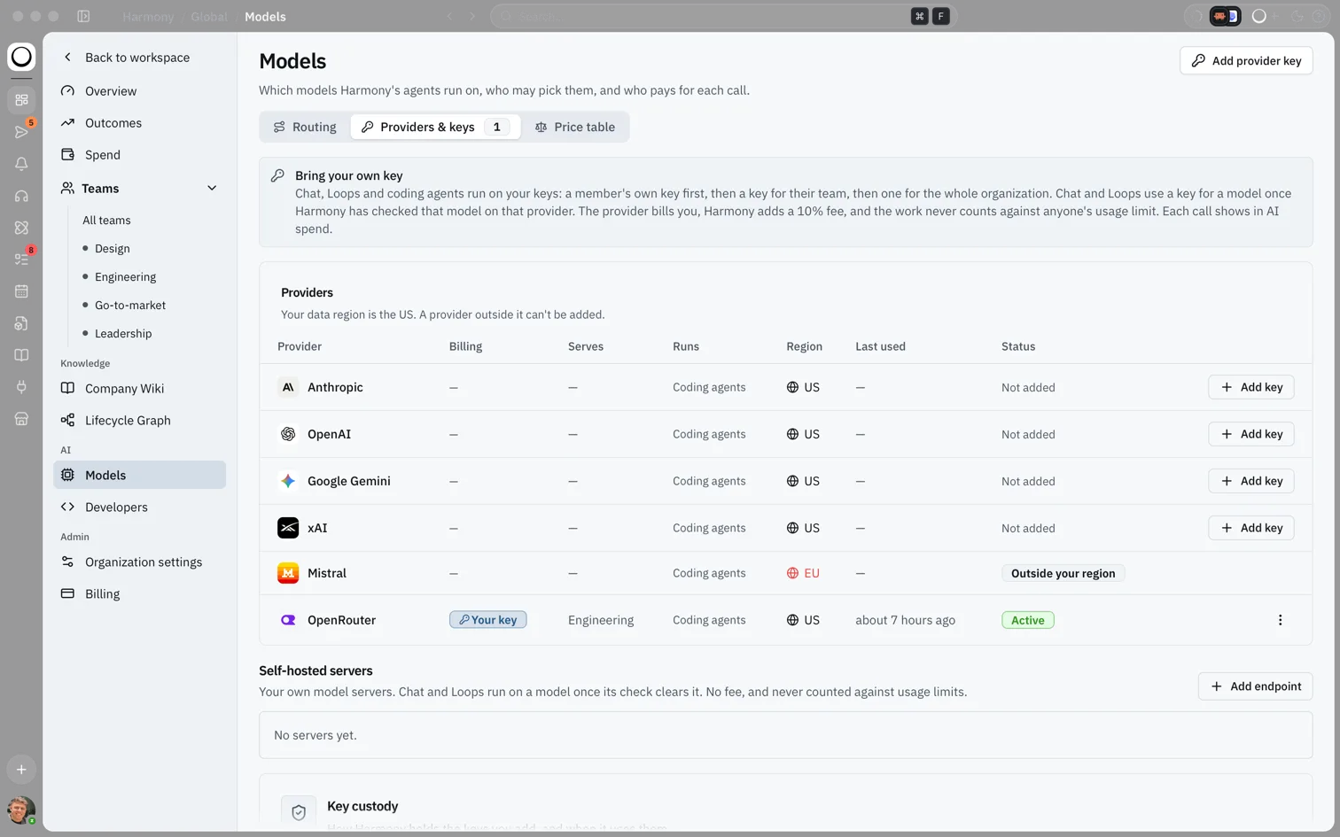 Models page on the Providers and keys tab, with the Bring your own key explainer, the providers table showing one active key serving Engineering, and the Self-hosted servers card