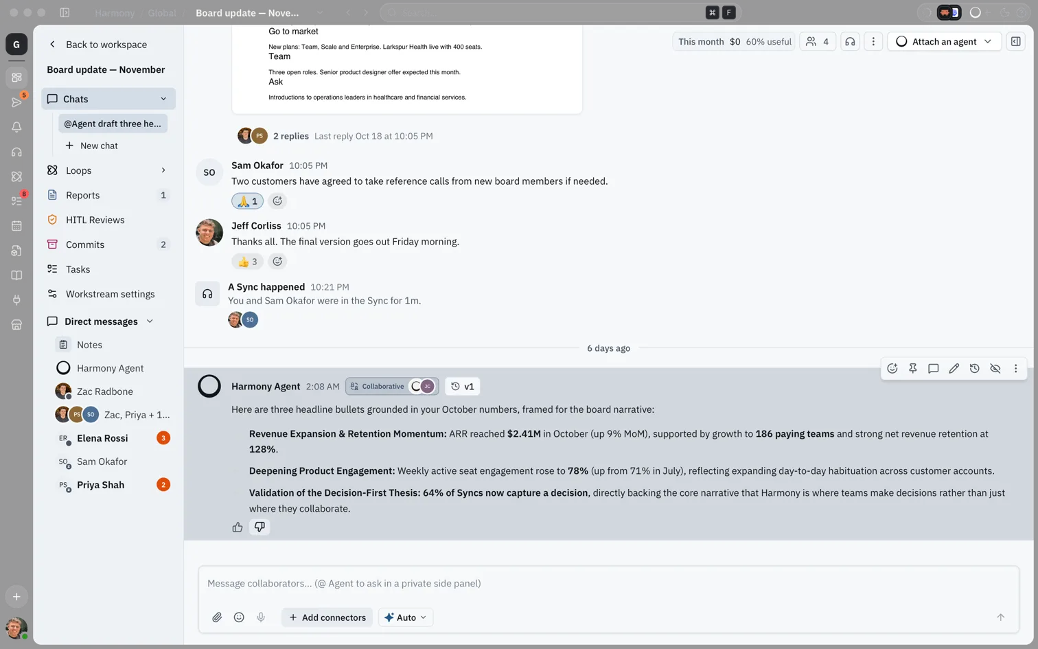 A Harmony Agent reply in a workstream chat with the thumbs up and thumbs down buttons below it