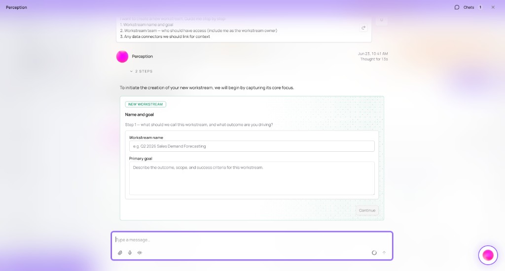 Perception console with NEW WORKSTREAM badge and empty Workstream name and Primary goal fields