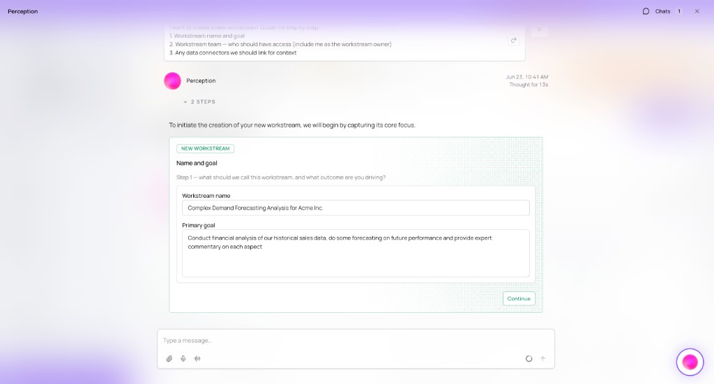 Perception wizard with Workstream name and Primary goal filled and Continue button