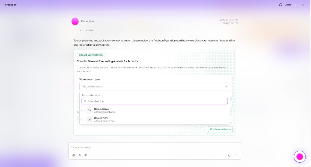CREATE WORKSTREAM card with Add collaborators and Filter directory