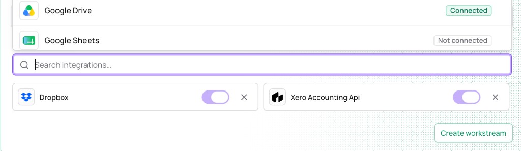 Connector picker with Search integrations and toggles for Dropbox and Xero