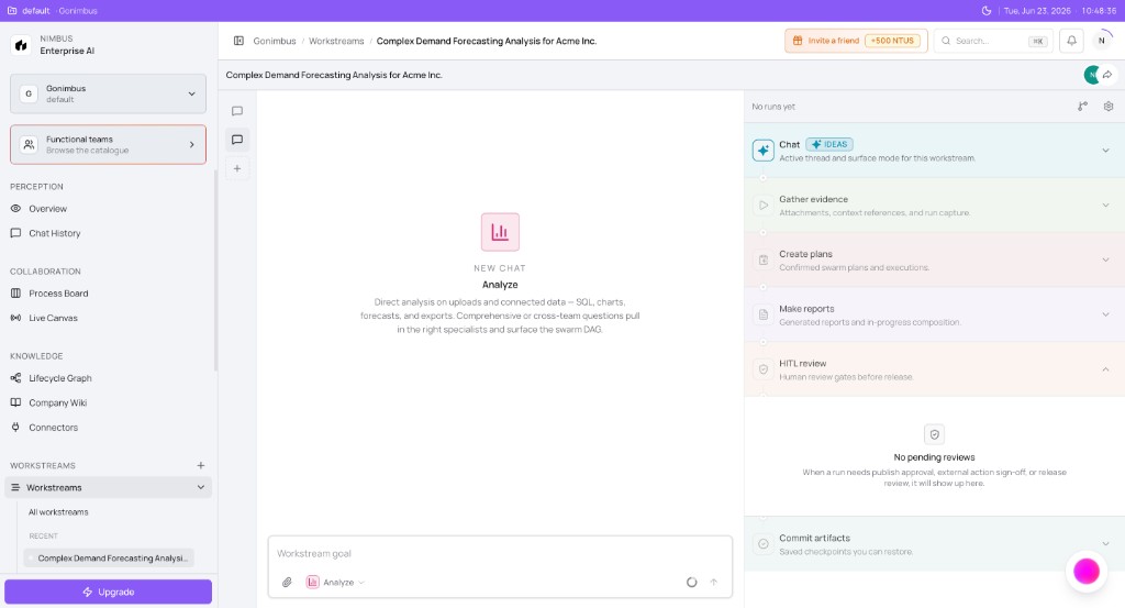 Workstream chat in Analyze mode with NEW CHAT, Workstream goal input, and Analyze mode button