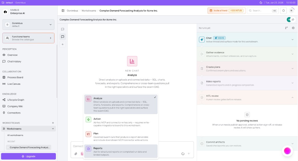 Mode picker dropdown showing Analyze, Action, Plan, and Reports with subtitles