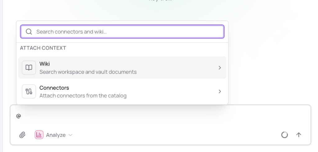 Attach context menu with Wiki and Connectors options after typing @ in workstream chat